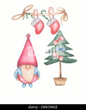 Carte de noël à motif gnome de nouvel an et cadeaux d'hiver près de l'arbre de noël. Ensemble d'illustrations aquarelles isolées sur fond blanc. Mignon gnome. Banque D'Images