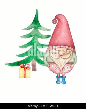 Carte de noël à motif gnome de nouvel an et cadeaux d'hiver près de l'arbre de noël. Ensemble d'illustrations aquarelles isolées sur fond blanc. Mignon gnome. Banque D'Images