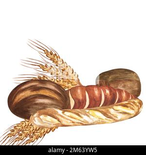 Aquarelle de produits de boulangerie. Dessin raster fait main. Peut être utilisé sur les serviettes, les cartes postales, la publicité de boulangerie. Banque D'Images