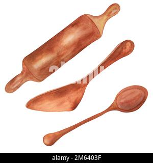 Aquarelle. Outils pour la boulangerie. Dessin raster fait main. Peut être utilisé sur les serviettes, les cartes postales, la publicité de boulangerie. Banque D'Images