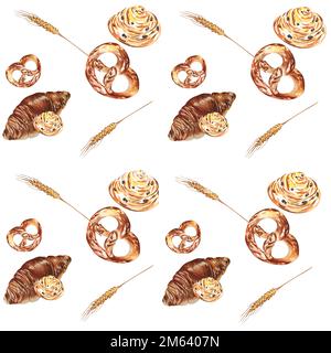 Aquarelle des produits de boulangerie. Dessin raster fait main. Peut être utilisé sur les serviettes, les cartes postales, la publicité de boulangerie. Banque D'Images