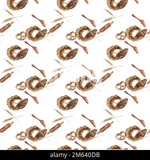 Aquarelle des produits de boulangerie. Dessin raster fait main. Peut être utilisé sur les serviettes, les cartes postales, la publicité de boulangerie. Banque D'Images