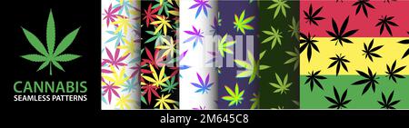 Cannabis Seamless Pattern Collection. 420 ensemble de vecteurs graphiques psychédéliques. Pack de design inspiré de la marijuana. 3D silhouettes de pot. Reggae Illustration de Vecteur