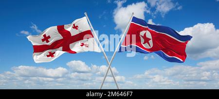 Deux drapeaux croisés la Corée du Nord et la Géorgie agitant sous le vent à ciel nuageux. Concept de relation, de dialogue, de voyage entre deux pays. 3d illustration Banque D'Images
