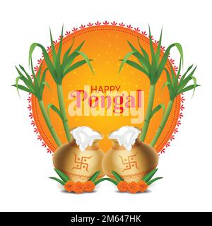 Illustration du vecteur de l'affiche Happy Pongal. Festival traditionnel de l'Inde du Sud. Sun Mandala, canne à sucre, fond graphique de pot de riz. Médias sociaux Illustration de Vecteur