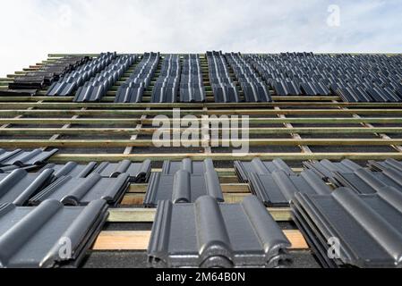 Carreaux de céramique de toit disposés en paquets sur le toit sur les lattes de toit. Préparation pour la pose de carreaux sur un toit à boaron. Banque D'Images