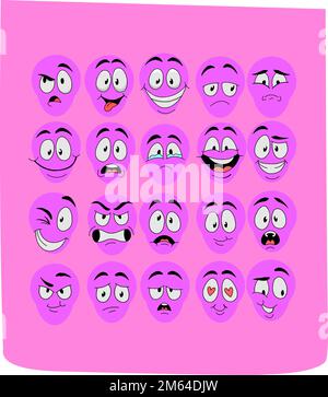 Un pack d'icônes de visages violets exprimant différentes émotions sur fond rose Illustration de Vecteur