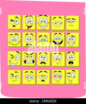 Un pack d'icônes de visages jaunes exprimant différentes émotions sur fond rose Illustration de Vecteur