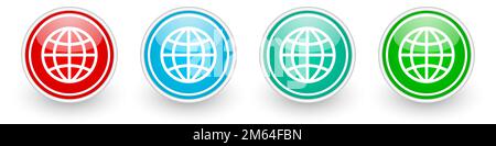 World, icônes de globe, boutons colorés et brillants sur blanc Illustration de Vecteur