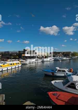 Les Norfolk Broads on the River Bure à populaire Wroxham occupé avec de nombreux bateaux colorés, Wroxham, Norfolk, Angleterre, Royaume-Uni, Banque D'Images