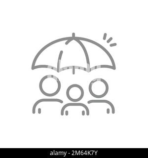 Icône de vecteur de ligne d'assurance vie familiale ou maladie. Hommes sous le symbole de parapluie. Illustration de Vecteur