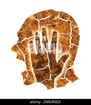Maux de tête douleur migraine dépression. Silhouette masculine avec la terre sèche fissurée symbolisant la folie, la dépression, les maux de tête. Homme tenant la tête. Banque D'Images