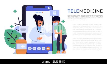 Télémédecine . Médecin consultant patient par appel vidéo via smartphone et espace de copie . Vecteur . Illustration de Vecteur