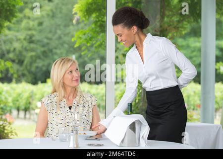 serveuse sympathique servant le client dans un restaurant élégant Banque D'Images