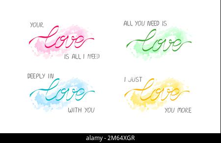 Des slogans pour couple Amour (tout ce dont vous avez besoin, vous aimer plus, profondément amoureux), message lettrage avec ruban ou fil de destin, sur fond de splash Illustration de Vecteur