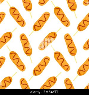 Cuisine de rue coréenne sans couture. Gamja hotdog corndog avec ketchup. En-cas asiatiques sur bâtonnets. Arrière-plan adorable. Illustration vectorielle. Illustration de Vecteur
