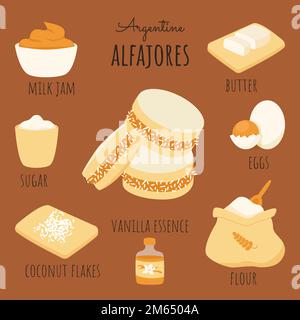 Argentine alfajores ingrédients de recette de cookie. La douce traditionnelle latino-américaine se compose de farine beurre oeuf suger vanille essence lait confiture noix de coco Illustration de Vecteur