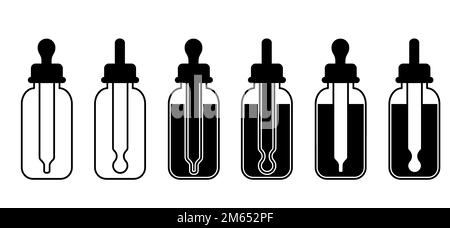 Icône représentant un compte-gouttes et une teinture. Flacons de pipette pour flacon compte-gouttes. Vue de face du vecteur. Pour cosmétiques, médicaux. Laboratoire chimique ou laboratoire et biotec Banque D'Images