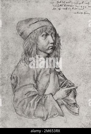 Autoportrait d'Albrecht Dürer, 1471 – 1528. L'inscription dans le coin supérieur droit se lit comme suit : « J'ai tiré ça après moi d'un miroir en 1484, alors que j'étais encore enfant. » Peintre allemand, graveur et théoricien de la Renaissance allemande. De Albrecht Dürer, Sein Leben und eine Auswahl seiner Werke ou sa vie et une sélection de ses œuvres, publié en 1928. Banque D'Images