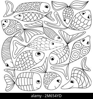 Adorable poisson fantaisie pour la coloriage. Contour des animaux de la vie marine. Motif Zenangle abstrait sourire poisson. Illustrateur de vecteur d'esquisse à encre simple Illustration de Vecteur