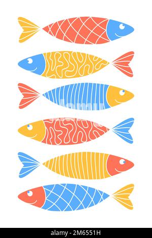Affiche verticale avec de jolies sardines à motif de caniche. Ensemble de poissons à zentrangle coloré. Motifs de hareng. Décoration murale amusante pour la garderie d'enfants, art positif, se Illustration de Vecteur