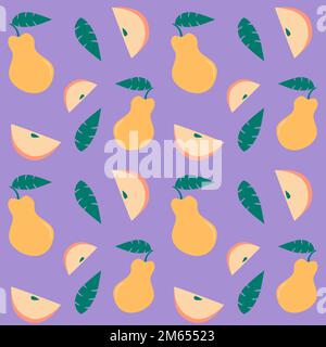 Simple résumé fruits naïfs motif sans couture. Poire, tranches de pomme, feuilles de fond. Emballage écologique pour les jus, les purées de fruits et les aliments pour bébés. Enfants d Illustration de Vecteur