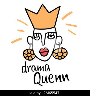 Carte originale avec femme spectaculaire en portrait de couronne. Drama queen avec des lèvres rouges et d'énormes boucles d'oreilles. Style surréaliste abstrait fait main. VEC Illustration de Vecteur