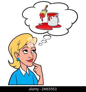 Fille penser à la peinture - Une illustration de dessin animé d'une fille penser à un seau de peinture et de pinceau. Illustration de Vecteur