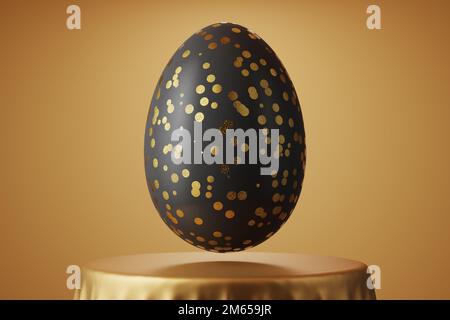 Carte de Pâques. Oeuf de Pâques noir avec cercles peints de couleur or. Œuf de Pâques sur fond de tissu doré. 3d rendu.. Banque D'Images