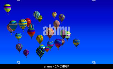 Vue panoramique d'un groupe de ballons à air chaud avec des couleurs vives et des motifs géométriques qui volent par temps ensoleillé avec un ciel bleu sans nuages. 3D Illustration Banque D'Images