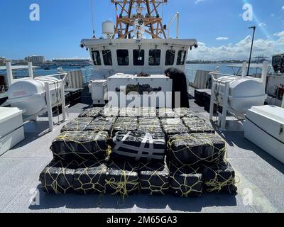 L’équipage du Cutter de la Garde côtière Donald Horsley a déchargé environ 1 000 kilogrammes de cocaïne saisie, d’une valeur de $20 millions de dollars, à la base de la Garde côtière de San Juan 4 avril 2022, à la suite de l’interdiction d’un navire à grande vitesse 30 mars 2022 dans la mer des Caraïbes, près de Porto Rico. Administration de l'application de la loi sur les drogues les agents spéciaux ont reçu la garde de deux contrebandiers présumés et de la contrebande saisie. Cette interdiction est le résultat d'efforts multi-agences impliquant le Groupe d'agences frontalières des Caraïbes et la Force de frappe du corridor des Caraïbes. (É.-U. Photo de la Garde côtière) Banque D'Images