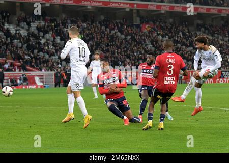 LILLE - Jens Cajuste du Stade Reims marque lors du match de la Ligue française 1 entre l'OSC de Lille et le Stade de Reims au stade Pierre-Mauroy sur 2 janvier 2022 à Lille, France. AP | hauteur néerlandaise | Gerrit van Cologne Banque D'Images