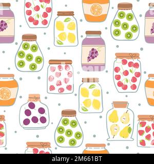 Motif de bourrage sans couture avec pots en verre. Fond vectoriel avec fruits conservés. Illustration de Vecteur