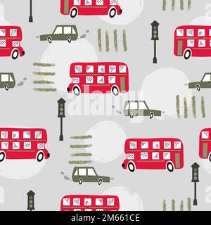 Motif de route sans couture avec bus et voiture de Londres de couleur rouge. Imprimé bébé. Illustration de Vecteur