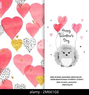 Carte de Saint-Valentin avec adorable hérisson aquarelle amoureux des ballons en forme de coeur. Illustration de Vecteur