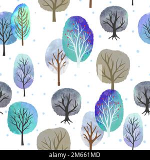 Motif façon aquarelle des arbres d'hiver sans couture. Vecteur forêt d'hiver abstraite. Illustration de Vecteur