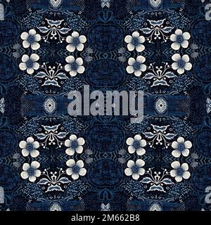 Toile de fond rétro en tissu à motifs indigo floral bandana 2 tons. Denim bleu boho sans couture. Papier peint masculin de mode. Banque D'Images