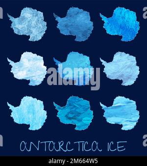 Le drapeau le plus largement utilisé de l'Antarctique est la carte du continent. Ensemble de drapeaux antarctiques sur la texture. Collage. Banque D'Images