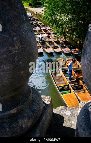 Punts en bois fabriqués à la main sur la rivière Cherwell depuis Magdalen Bridge à Oxford, Angleterre. Banque D'Images