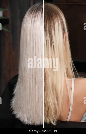 Femme avant après avoir teint ses cheveux. Vue arrière, droite et boucles. Banque D'Images