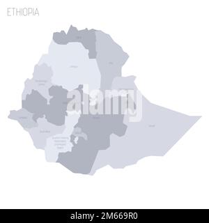 Éthiopie carte politique des divisions administratives - régions et villes à charte. Carte vectorielle grise avec étiquettes. Illustration de Vecteur