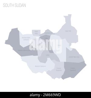 Soudan du Sud carte politique des divisions administratives - Etats, zones administratives et zones ayant un statut administratif spécial. Carte vectorielle grise avec étiquettes. Illustration de Vecteur