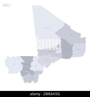 Mali carte politique des divisions administratives - régions et capitale de Bamako. Carte vectorielle grise avec étiquettes. Illustration de Vecteur