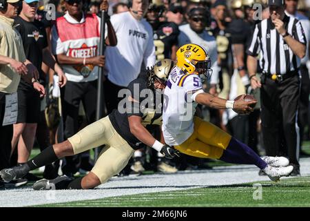 Orlando, Floride, États-Unis. 2 janvier 2023: Le quarterback DES Tigres de LSU JAYDEN DANIELS (5) est poussé hors de limites pendant le jeu de coupe d'agrumes de la NCAA Chez-it 2023 entre les Tigres de combat de LSU et les Boilermakers de Purdue au Camping World Stadium à Orlando, FL sur 2 janvier 2023. (Credit image: © Cory Knowlton/ZUMA Press Wire) Credit: ZUMA Press, Inc./Alamy Live News Banque D'Images