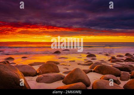 Coucher de soleil spectaculaire à minuit avec des couleurs étonnantes sur la plage d'Uttakleiv sur les îles Lofoten, Norvège Banque D'Images