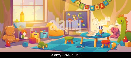 Intérieur coloré de la chambre de jardin d'enfants. Illustration vectorielle contemporaine d'une salle de jeux pour enfants avec poupées, ours en peluche, blocs, voiture-jouet au sol, crayons et papier sur table. Éducation préscolaire Illustration de Vecteur