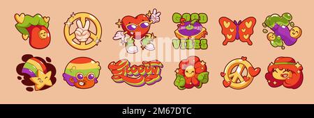 Autocollants groovy, icônes hippie avec fleur, arc-en-ciel, papillon, signe de paix et coeur. Badges rave rétro avec geste de la main de paix, symbole d'amour, homme et fille hippy, ensemble vectoriel dans le style contemporain Illustration de Vecteur