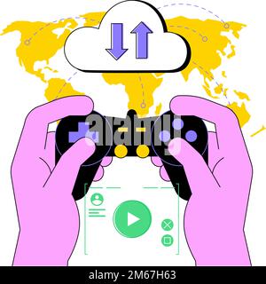 Illustration du vecteur de concept abstrait de jeu dans le cloud. Jeux à la demande, vidéo et streaming de fichiers, technologie cloud, jeux sur divers appareils, plate-forme en ligne Illustration de Vecteur