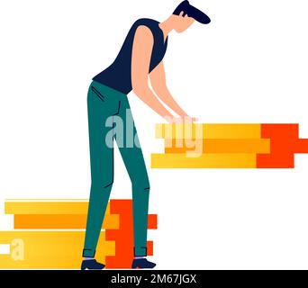 Le personnage masculin déplace le vecteur de dessin animé CARGO. Travailleur, homme en tenue décontractée a pris la charge en main et la déplace à un autre endroit, chargeur de personne ou porteur isolé sur fond blanc Illustration de Vecteur