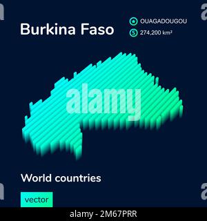 Carte stylisée de vecteur isométrique numérique à rayures néon Burkina Faso avec effet 3D. Carte du Burkina Faso est en vert et menthe sur fond bleu foncé Illustration de Vecteur